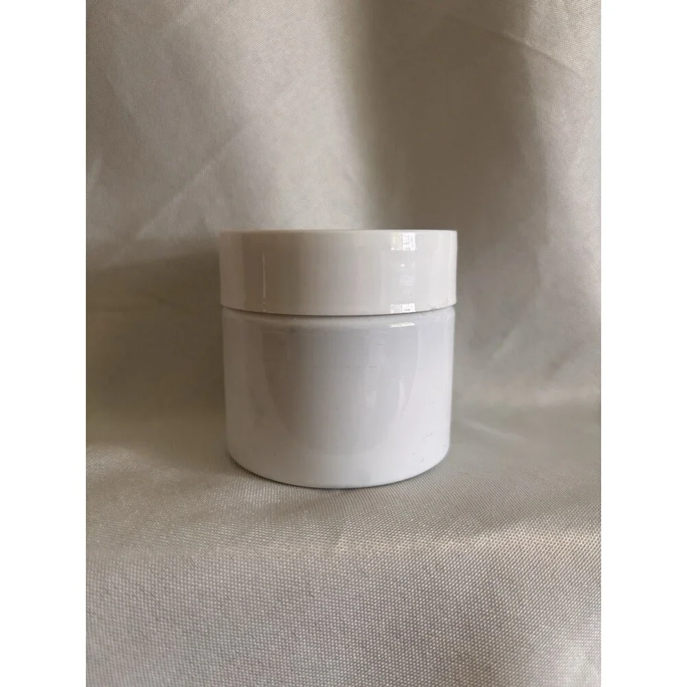 Lot of 6 plastic containers 2 1/16” X 2 1/16”with screw on lids white in color.
